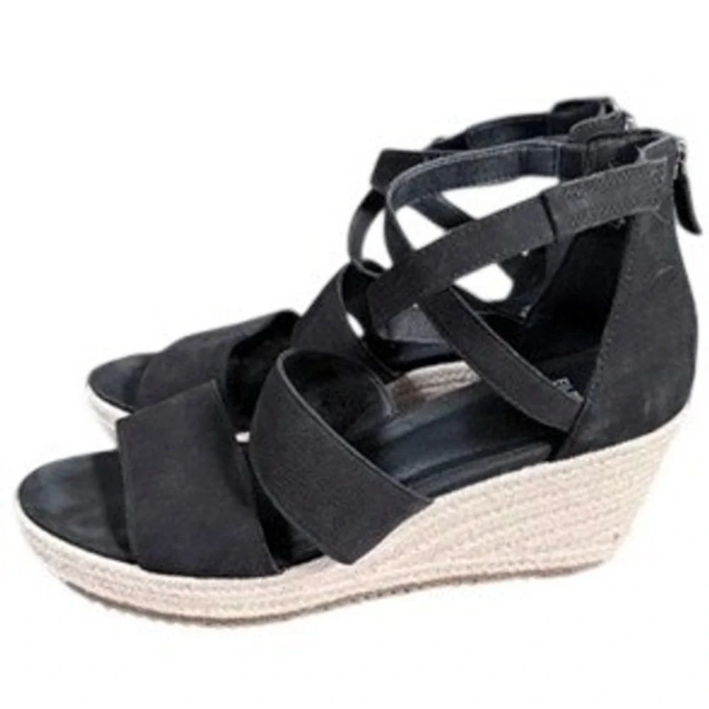 Eileen Fisher Wedge Sandals Womens 9 Black Suede Espadrille‎ Willow Strappy Zip